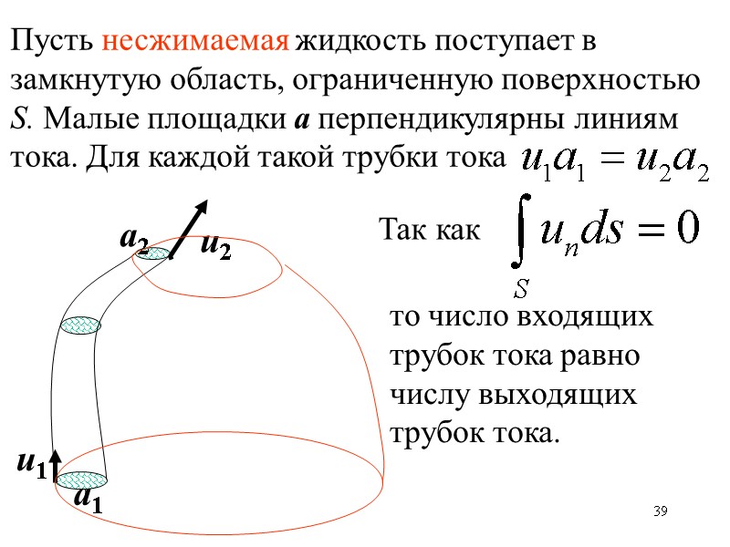 39 а1 а2 u1 u2 Пусть несжимаемая жидкость поступает в замкнутую область, ограниченную поверхностью